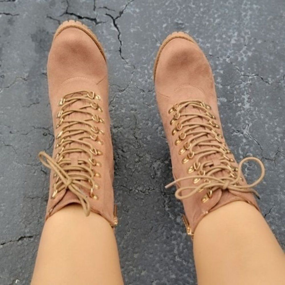 Taupe Lace up Platform Lug Sole Heeled Boots - Picture 6 of 6